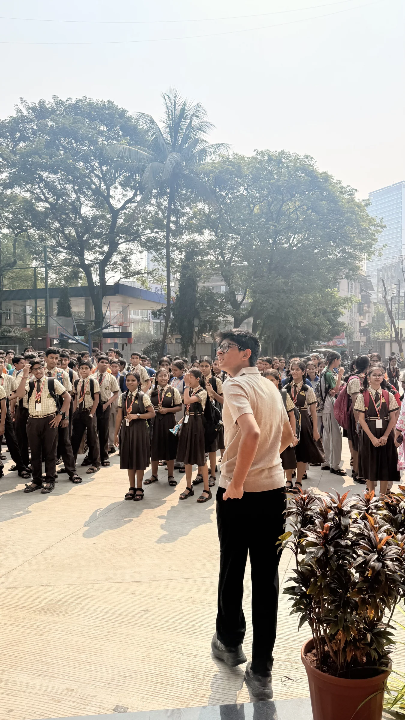 An outdoor school assembly
